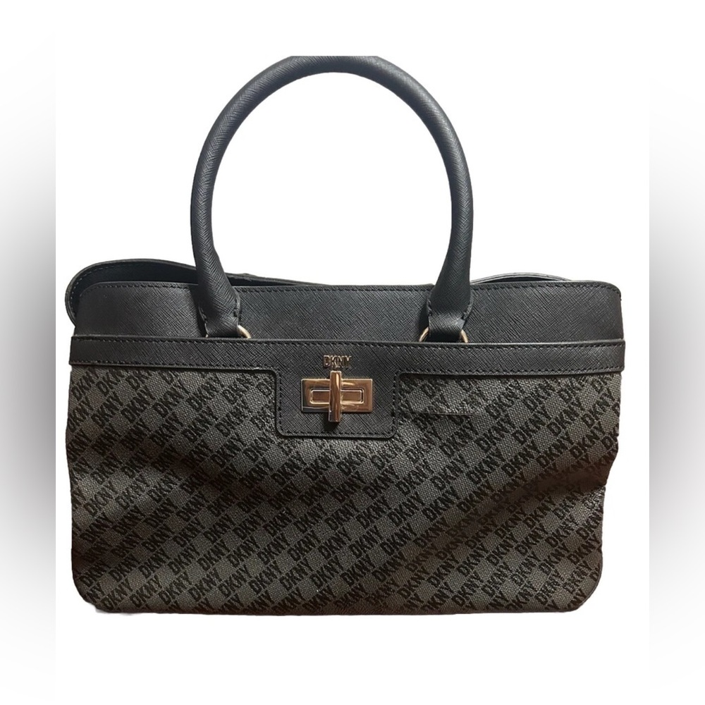 DKNY  Faux LEATHER MD SATCHEL BLACK/GRAY Handbag Top Handle